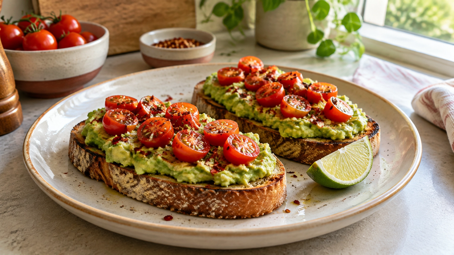 Easy Healthy Smashed Avocado Toast with Cherry Tomatoes