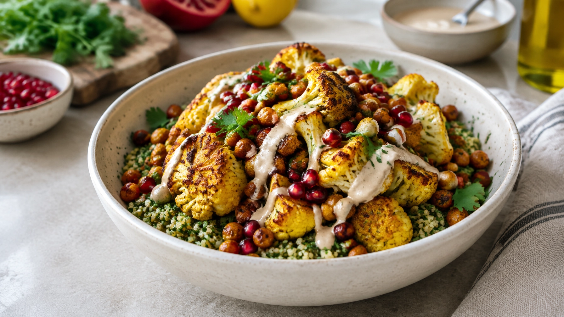 Plant-Based Dinner Ideas: Roasted Cauliflower and Chickpea Tahini Bowl
