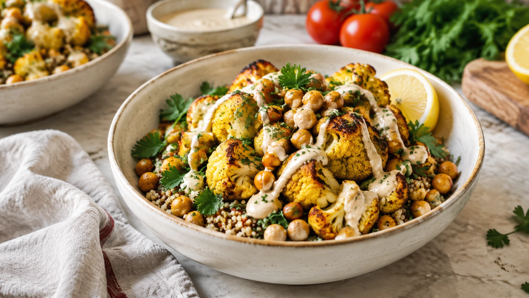 Plant-Based Dinner Ideas: Roasted Cauliflower and Chickpea Tahini Bowls