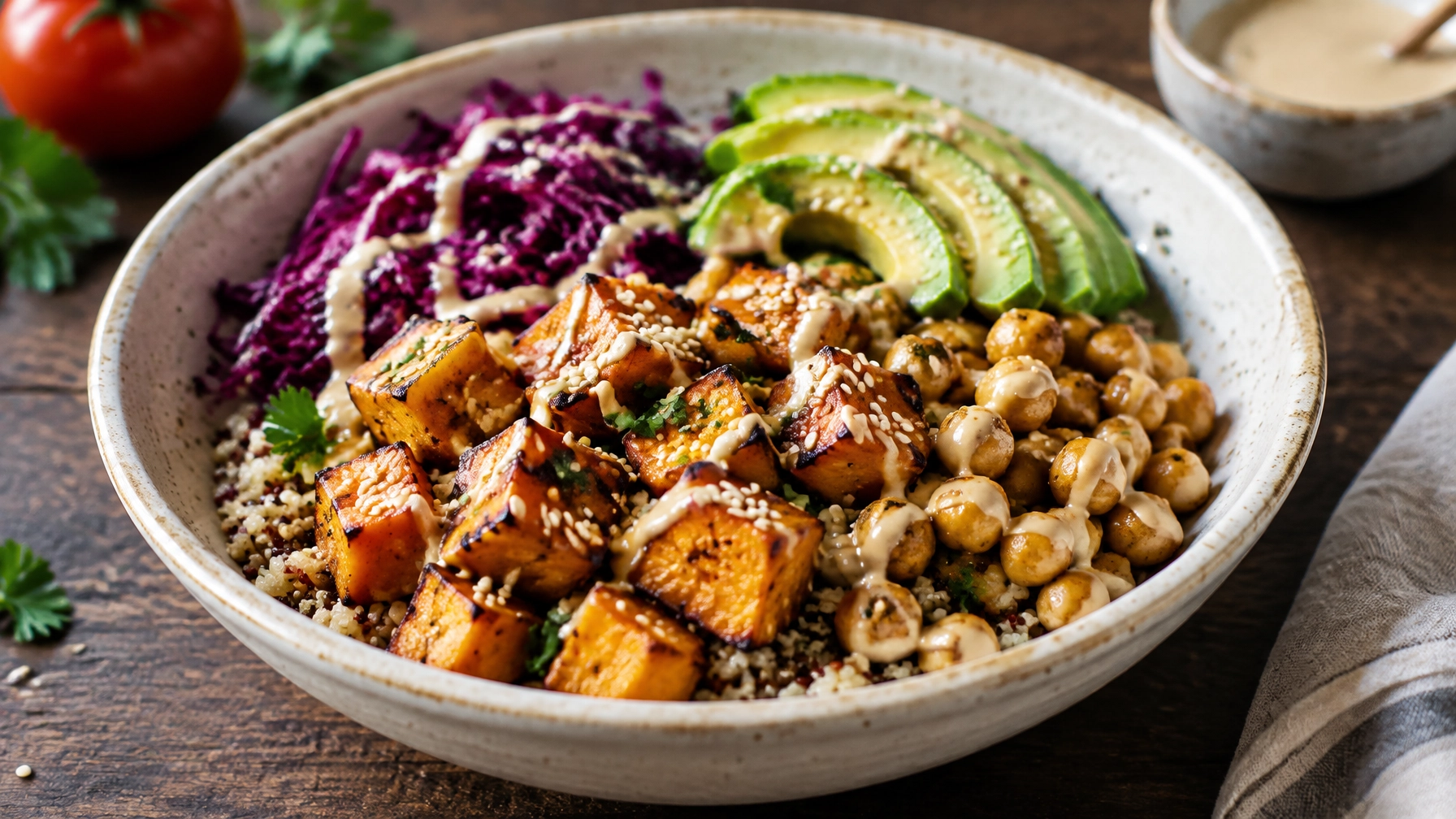 Plant-Based Dinner Ideas: Vegan Buddha Bowl with Roasted Sweet Potato and Tahini