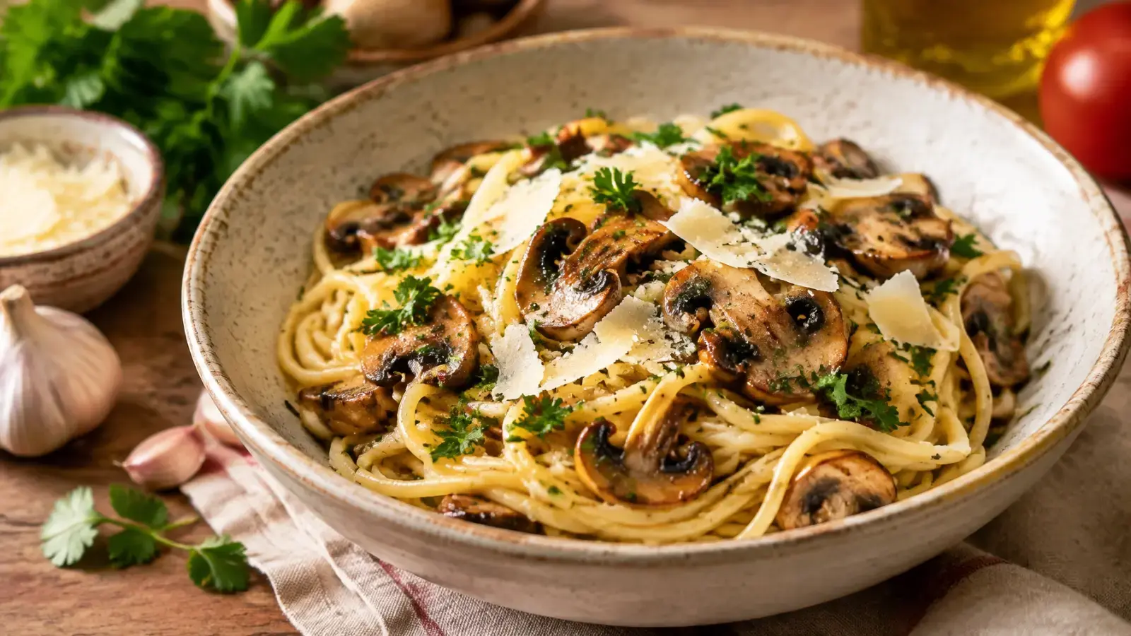Pasta Perfect collection — Simple Pasta Recipes: Garlic Butter Mushroom Spaghetti with Parmesan