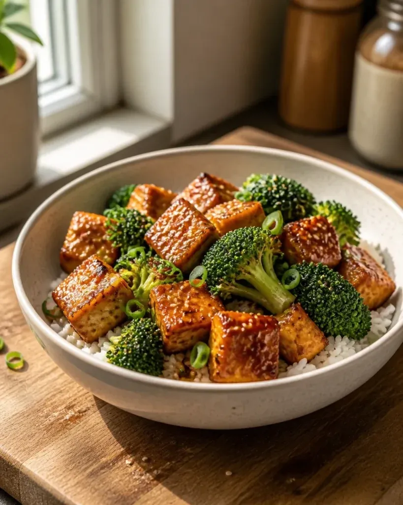 Plant-Based Dinner Ideas: Crispy Tofu and Broccoli in Garlic Sesame Sauce