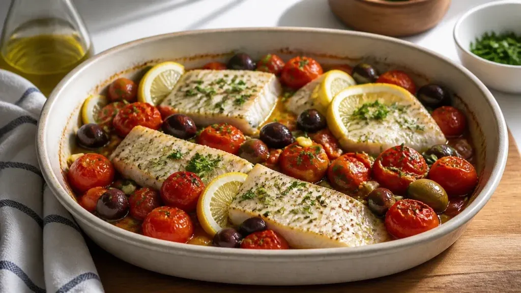 Healthy Weeknight Dinners: Baked Cod with Tomatoes and Olives
