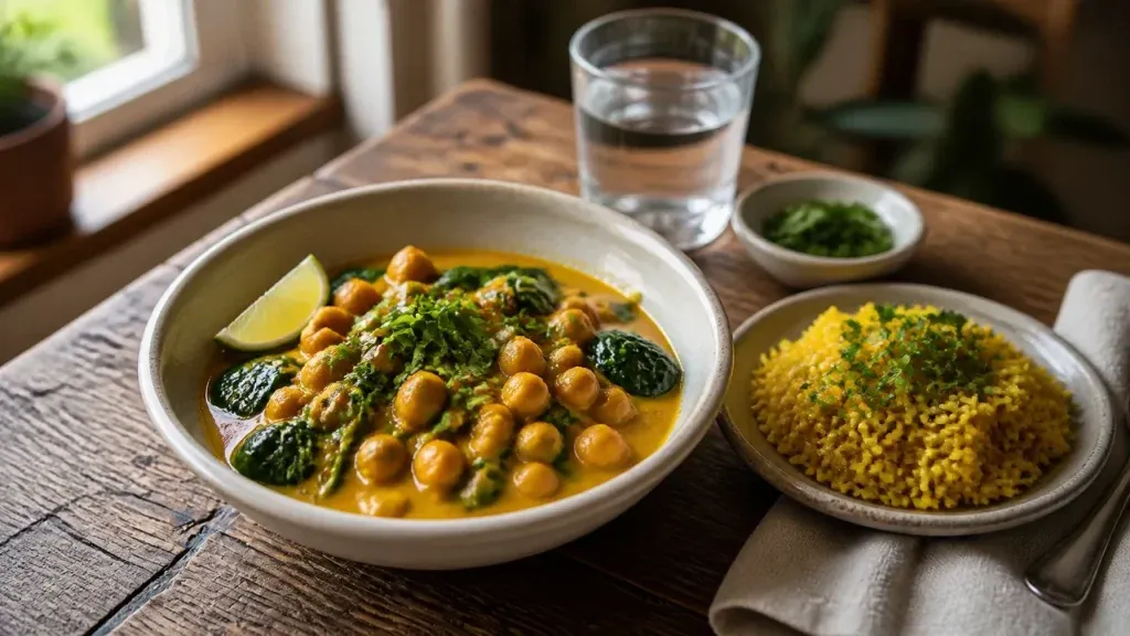 Plant-Based Dinner Ideas: Coconut Chickpea and Spinach Curry with Turmeric Rice